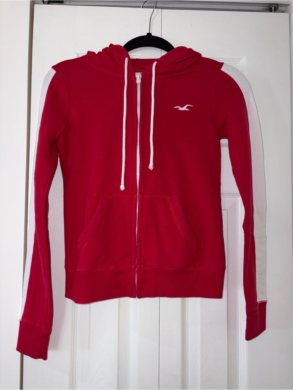 Hollister Y2K Red & White Full Zip Hoodie Logo Size XS